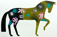 Image 1 of Joan,a green and black monoprinted horse with collage elements.