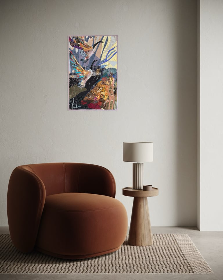 "Let's fly on" - 73x48 cm, art quilt with birds Image 5