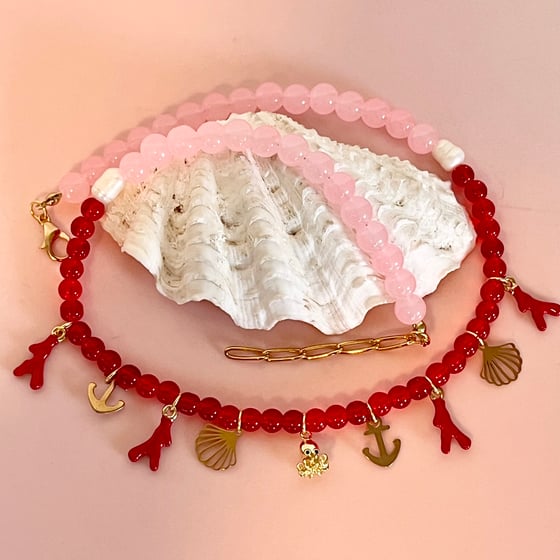Image of Red and Pink Beaded Necklace with sea theme charms