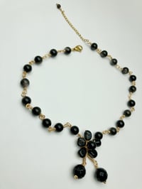Image 3 of Obsidian Onyx Flower Pendant Necklace - Double Protection