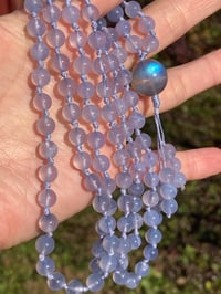Image 2 of Blue Chalcedony Mala with Labradorite Guru Bead, Blue Chalcedony 108 Bead Japa Mala Hand Knotted