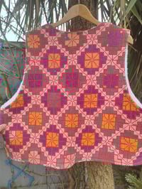 Image 2 of Woodstock Reversible Gilet - Vintage kantha fabric and white teddy fur reds yellow