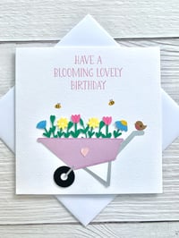Image 1 of Handmade Floral Wheelbarrow Birthday Card - Charming Garden-Themed Flower Card 