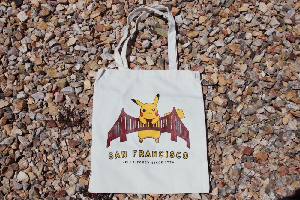 Image of Pikachu x San Francisco Golden Gate Bridge Tote Bag