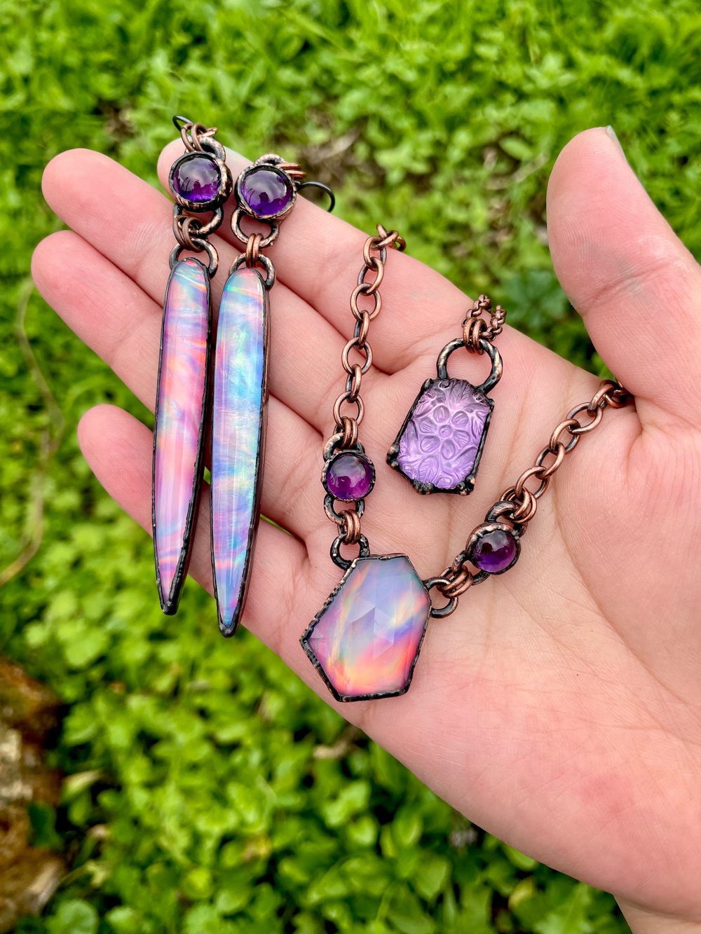 Aurora Opal and Amethyst Necklace 