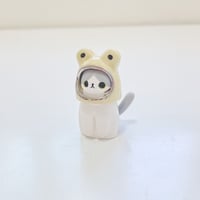 Image 2 of Gray and white cat with frog hat ceramic figurine (white gold version)