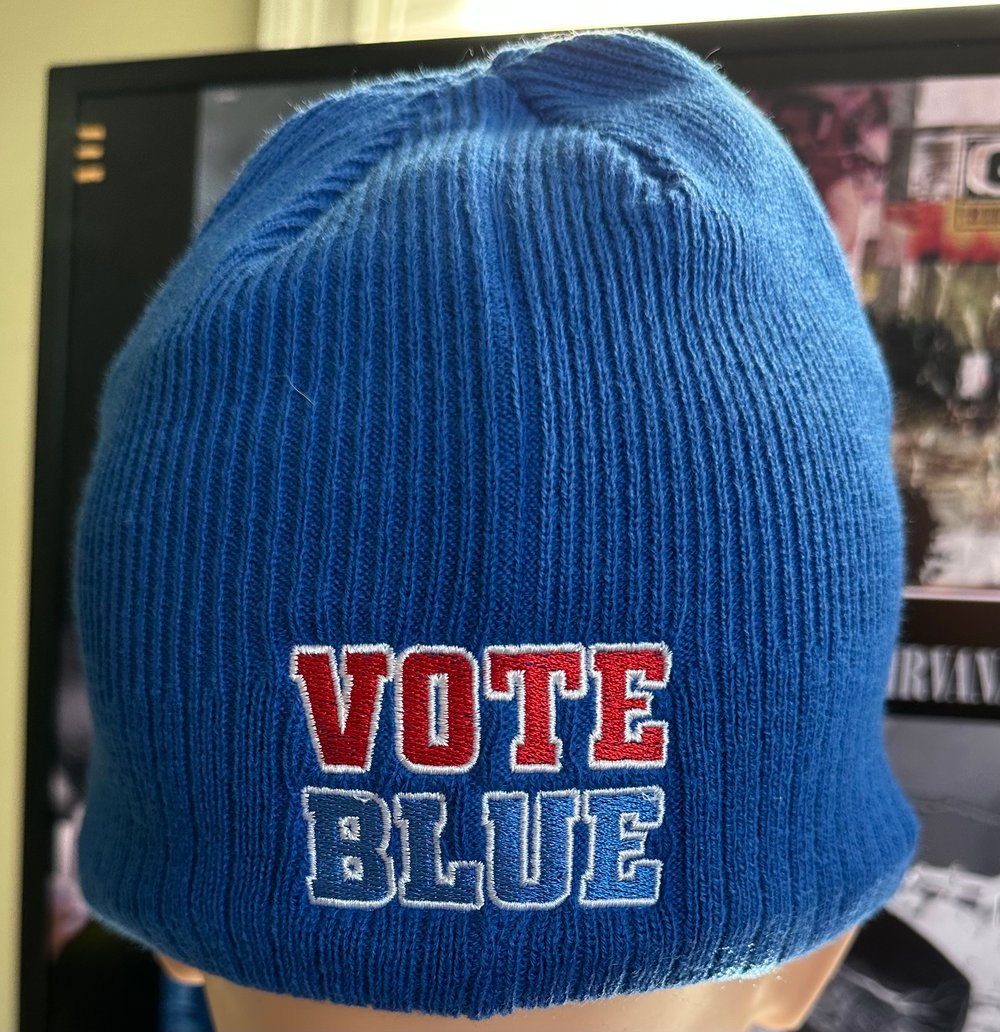 Blue New Era SSD Democracy Knit Beanie with Rear “Vote Blue” logo