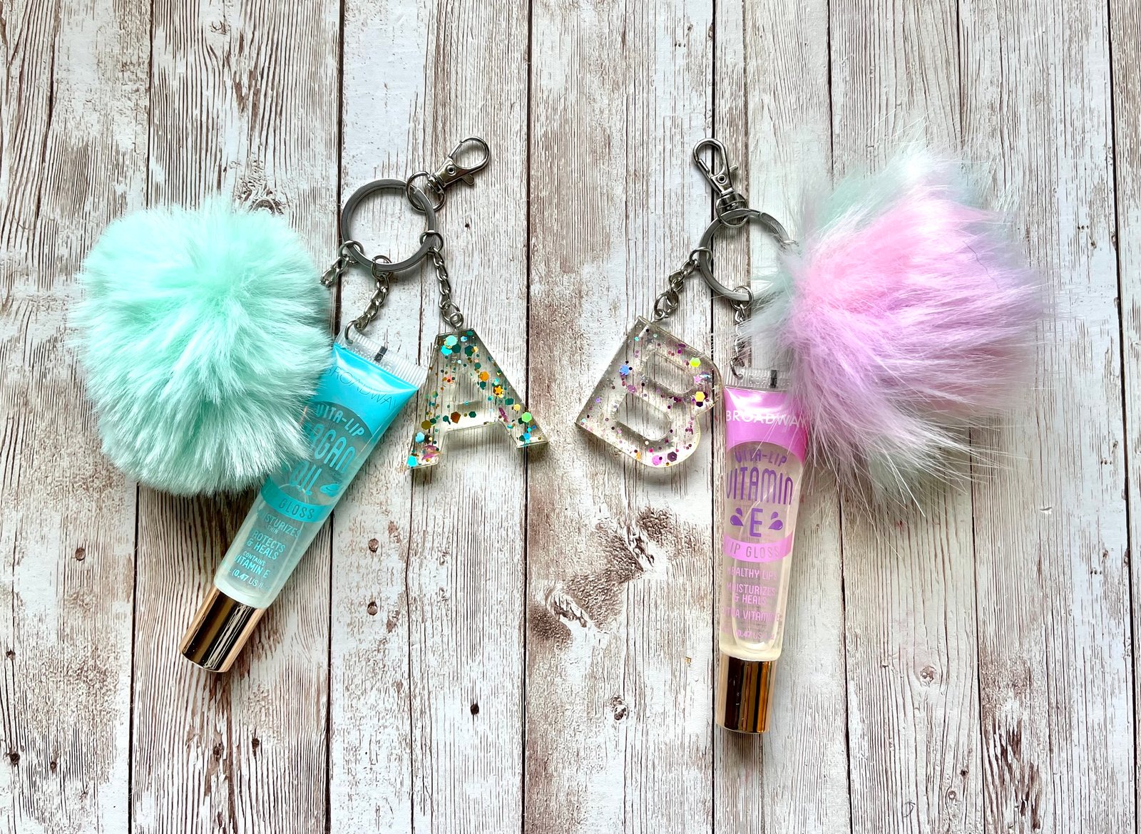 KissesAndKeychains Kawaii Style Lollipop Glitter Keychains, Broadway Vita Lip Gloss Pom Pom Keychain Adorable, Cute, Colorful, Lollipop Charm, Bell, Nice Gift