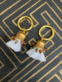 Image 1 of Gold plated white cotton and rainbow glass bead Afghan tassel tunnel earrings