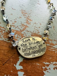 Image 1 of wire wrapped labradorite and imperial topaz necklace with Rumi medallion