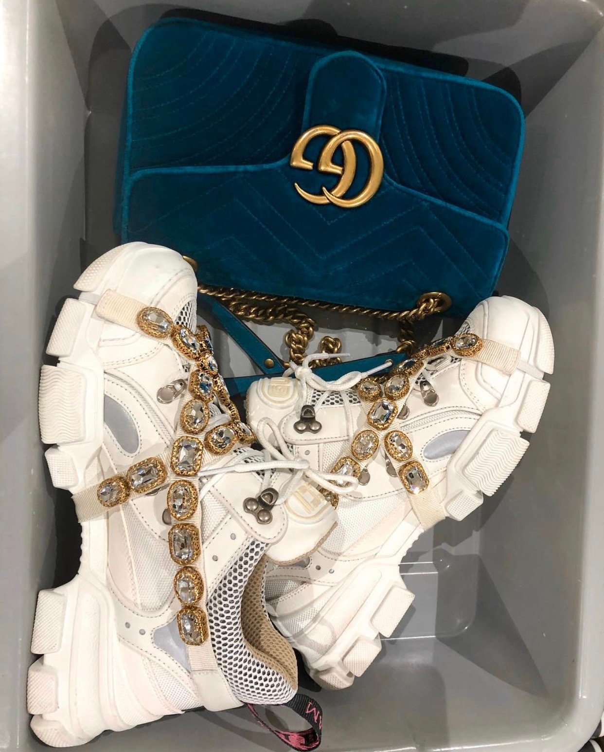 Image of GUCCI MARMONT CHEVRON VELVET FLAP BAG (TEAL)