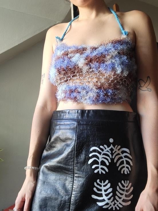 Fuzzy Crochet Cropped Halter Top  