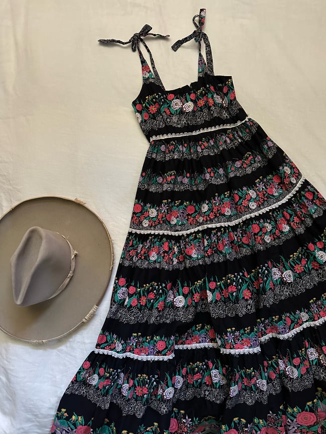 70s Victor Costa cotton black floral sundress