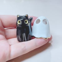 Image 4 of Black Kitty Cat With Ghost Mask Ceramic Figurine 3 