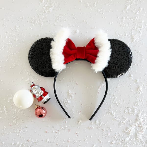 Image of Black Mouse Ears with Velvet Santa Bow