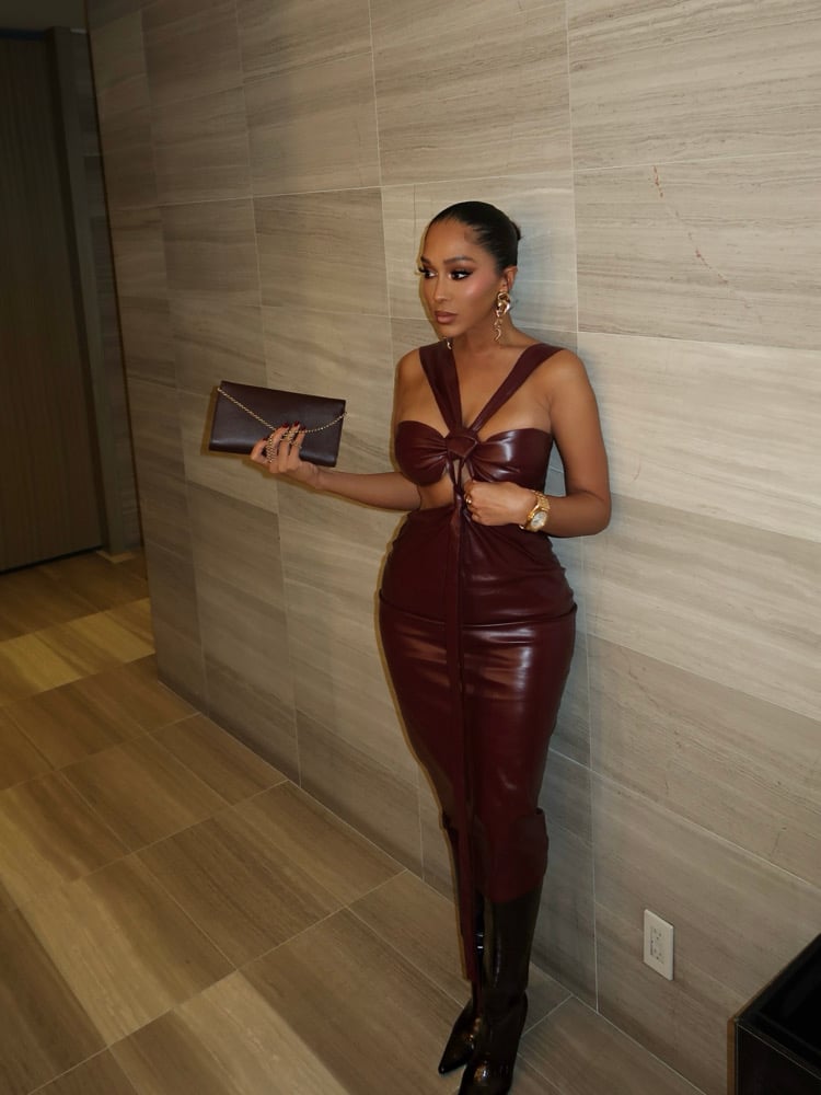 Image of BURGUNDY FAUX LEATHER CUTOUT MIDI DRESS (S/M)