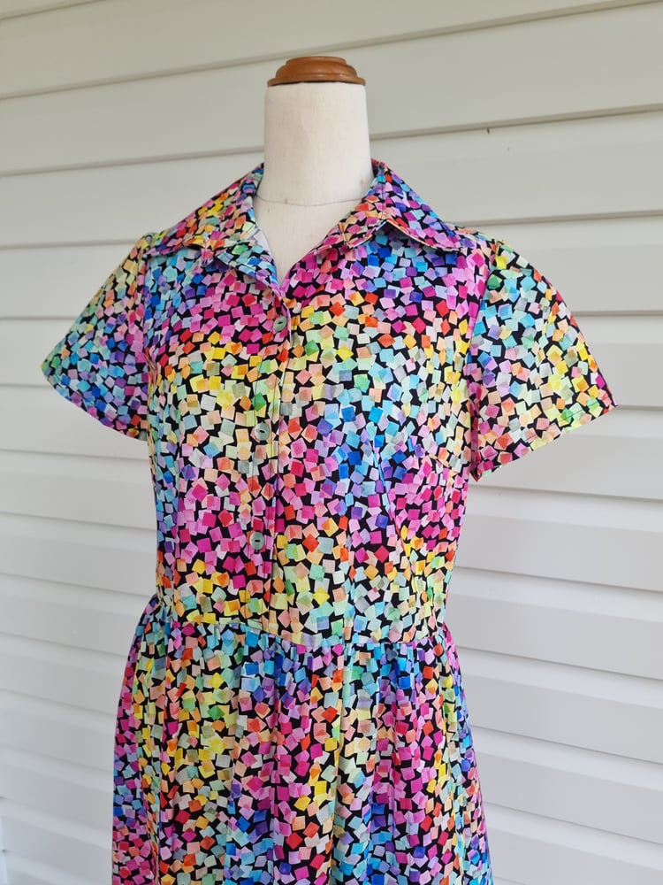 Image of BUTTON UP DRESS in CONFETTI PRINT.  Available in SMALL & LARGE