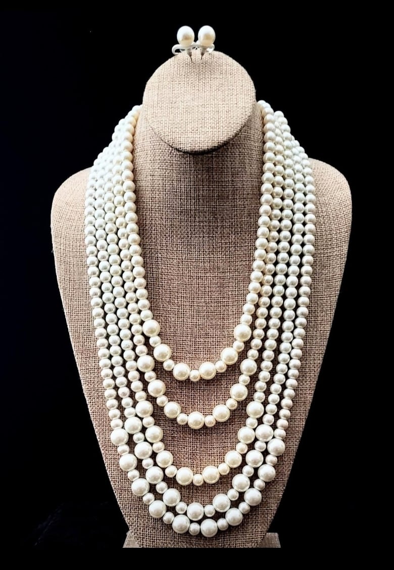 Image of White Pearl X-Long Five-Strand Necklace Set