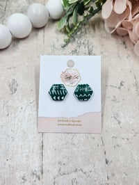 Green Tribal Hexagon Polymer Clay Stud Earrings