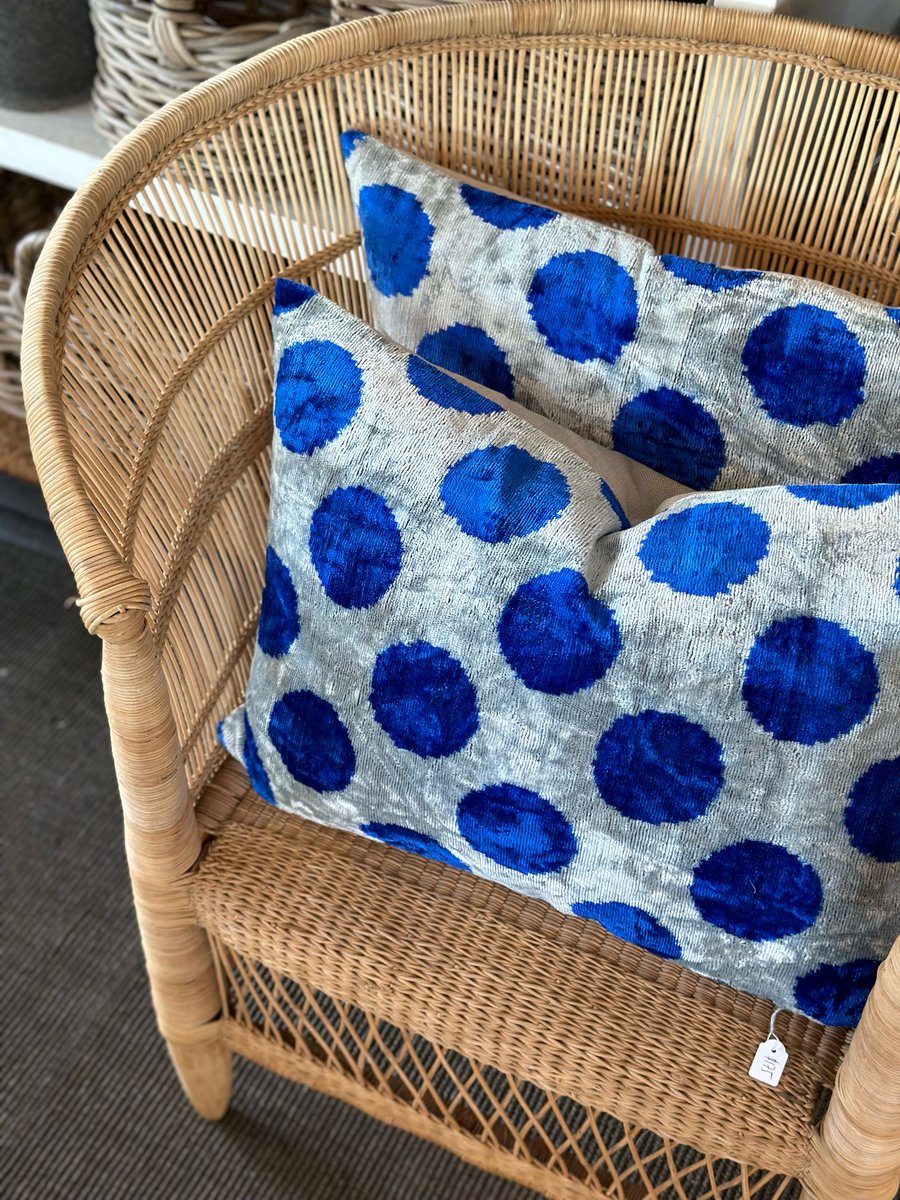 Image of Blue Spot Ikat Velvet Cushion