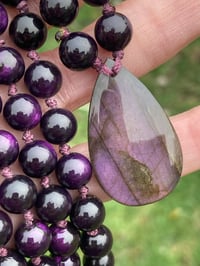 Image 1 of Purpurite Mala with Purple Labradorite Pendant, Purpurite 108 Bead Hand Knotted Gemstone Mala