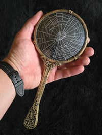 Image 2 of Large Antique magnifying Hand mirror with Real Preserved Web