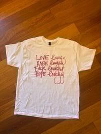 Image 2 of White T Shirt with ‘Energies’ in light purple text (XL)
