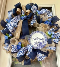 Image 1 of Welcome Blue and Burlap Floral Holiday Wreath