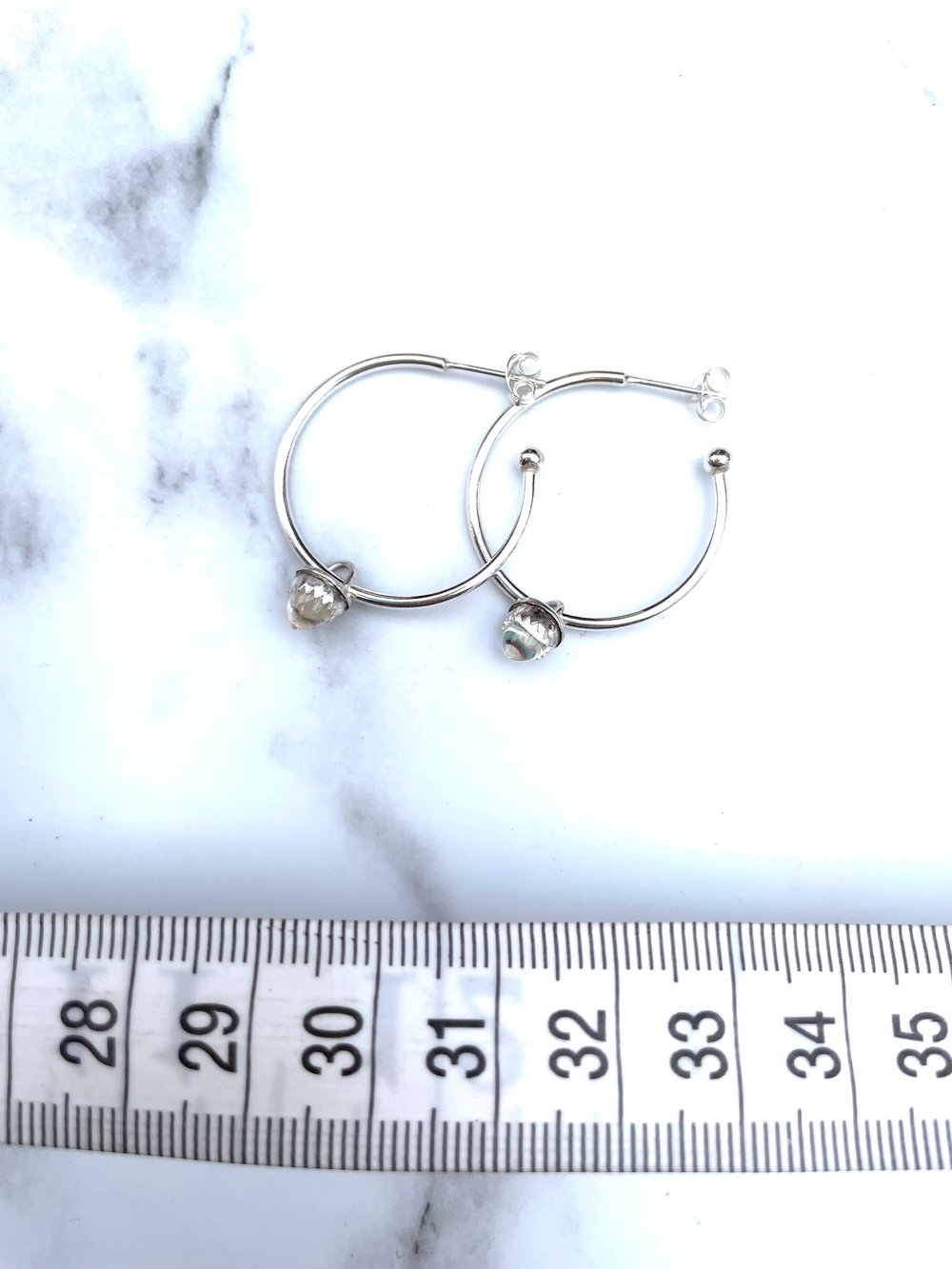 Handmade Clear Quartz Bullet Sterling Silver Hoop Earrings 925