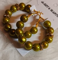 Image 3 of Olive Green Beaded Hoop Earrings 