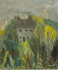 Stone cottage on a hill between trees and rain