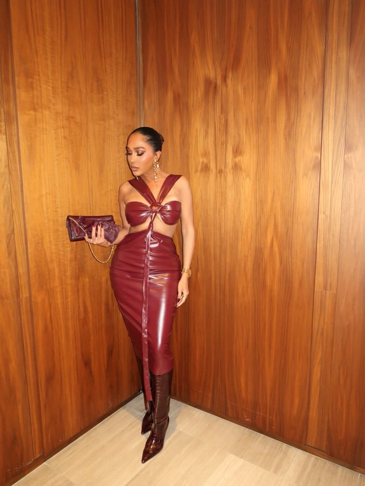 Image of BURGUNDY FAUX LEATHER CUTOUT MIDI DRESS (S/M)