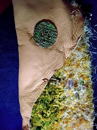 Image 3 of Beige leather clutch bag with green& yellow crocheted front