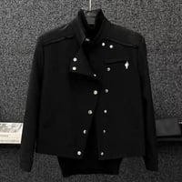 Image 1 of Men Spring Fall Diagonal Button Stand Collar Jacket Korean Trendy Cropped Raw Hem Coat Black Asymmet