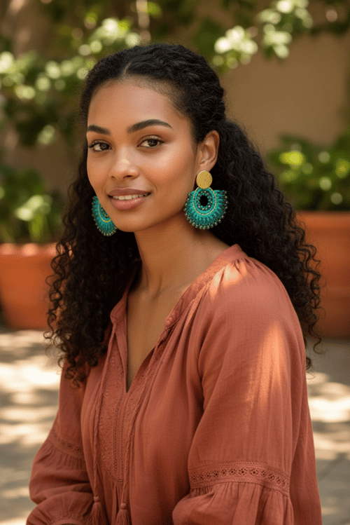 Image of Turquoise Beaded Fan Hoop Earrings