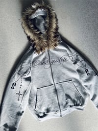 Image 2 of Winter Fashion Streetwear Women's Gothic Punk Faux Fur Hooded Jacket With Cross Print Trendy Edgy Zi