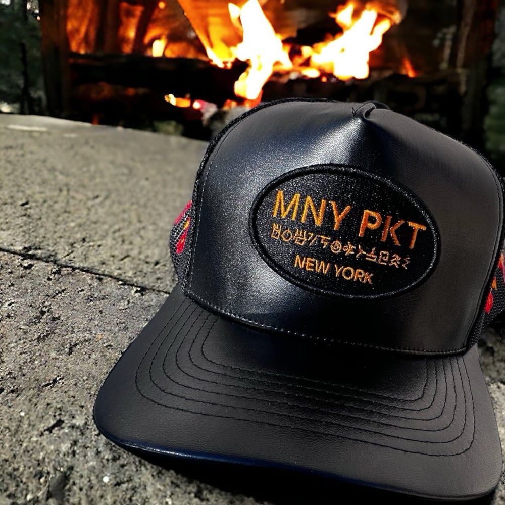 MNY PKT LEATHER  TRUCKER HAT// ORANGE FLAME