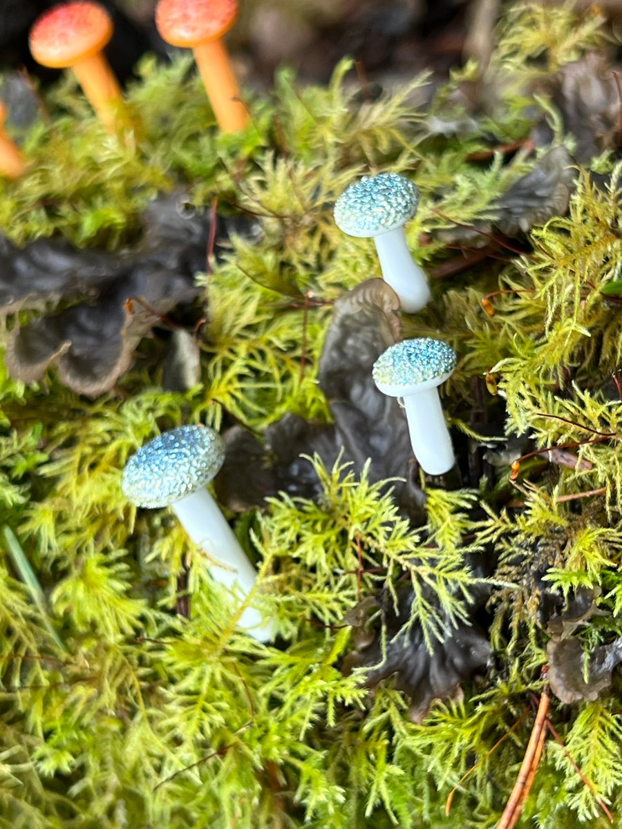 Image of 3 Mini White & Blue Mushroom Plant Spikes