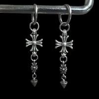 Image 1 of ♱ Alt Goth Gunmetal Spike Cross Hoops ♱