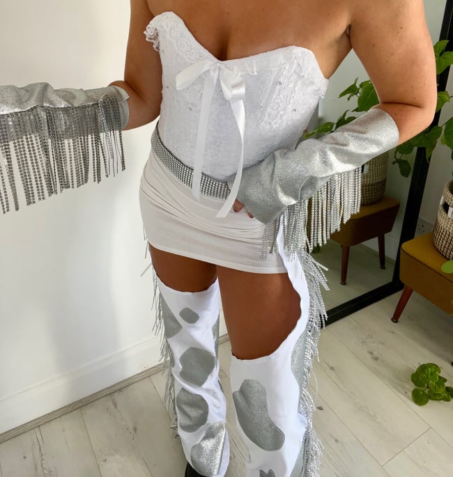 Rhinestone glitter cow chaps, corset and sleeves costume