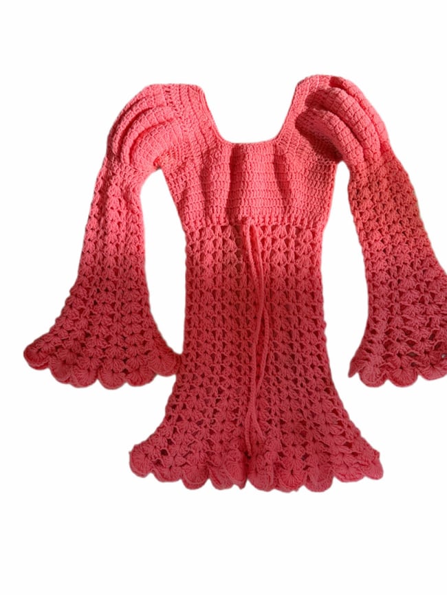 1960s pink crochet leg of mutton poet sleeve mini dress