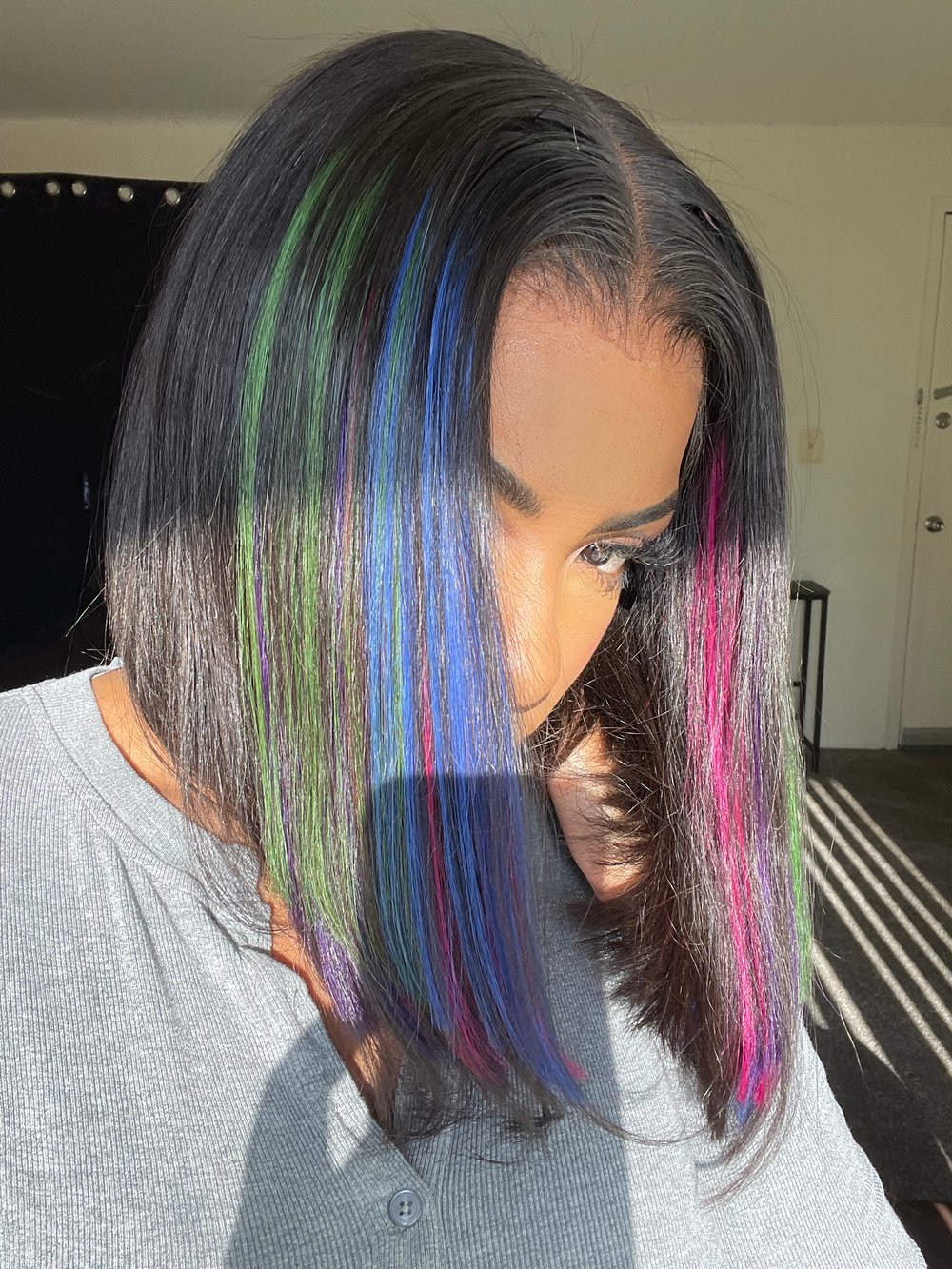 Image of HD Crystal Lace BOB wig with NEON colored clip ins 