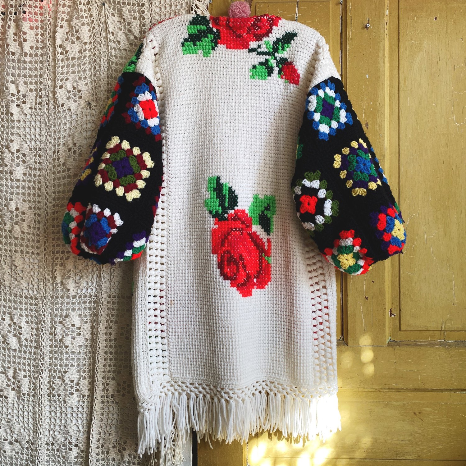 Image of Red Rose w/ Black Sleeves Granny Sweater