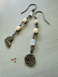 Image 7 of sterling silver pearl and rainbow moonstone charm earrings