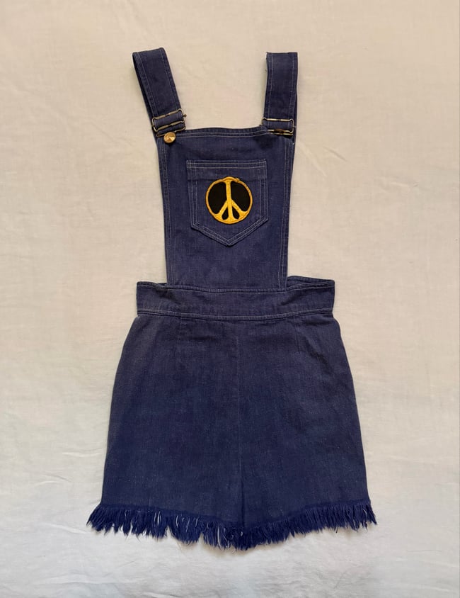 1960s denim short overalls with peace and ecology environmental patches