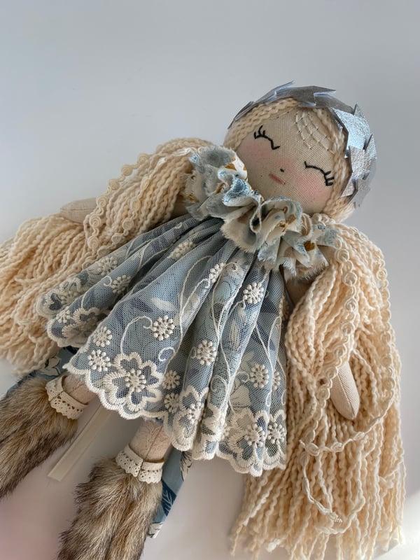 Image of Katie, Ivory Hair Petite Doll With Blue Dress And Fur Boots
