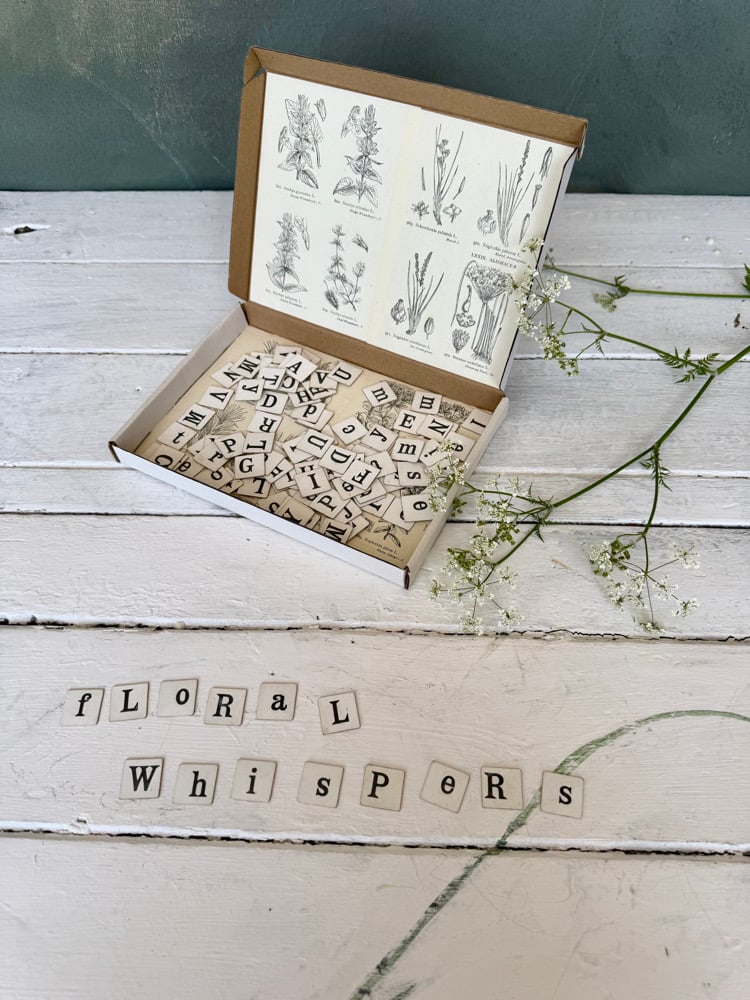 Image of Decorative box of vintage letter tiles #1