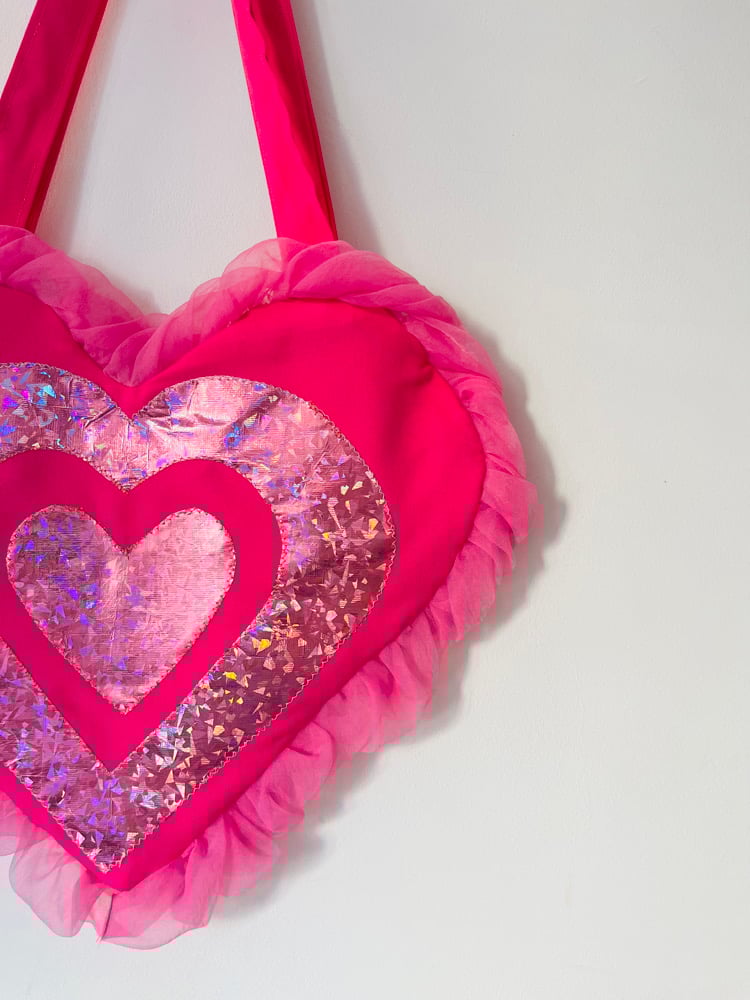 Image of ✨ Limited Edition Hot Pink Triple Heart Ruffle Tote Bag – Y2K Glitter Statement Piece 💕