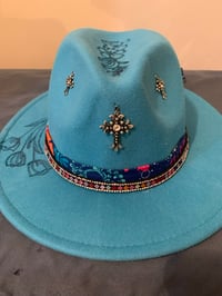 Image 1 of "Escogida Para Este Tiempo" Ocean Blue Hand-Burned Panama Hat