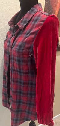 Image 3 of Vintage Funky Red/Black/Gray Flannel Shirt Velvet Sleeves Wild West Cowgirl